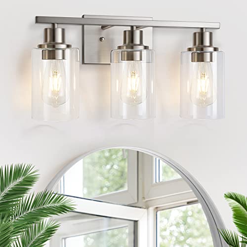 Watyo 3-Light Bathroom Vanity Light Fixtures, Brushed Nickel Wall Sconce Lighting Modern Wall Light with Clear Glass Shade, Porch Wall Lamp Mounted Lights over Mirror for Living Room, Bedroom, Hallway