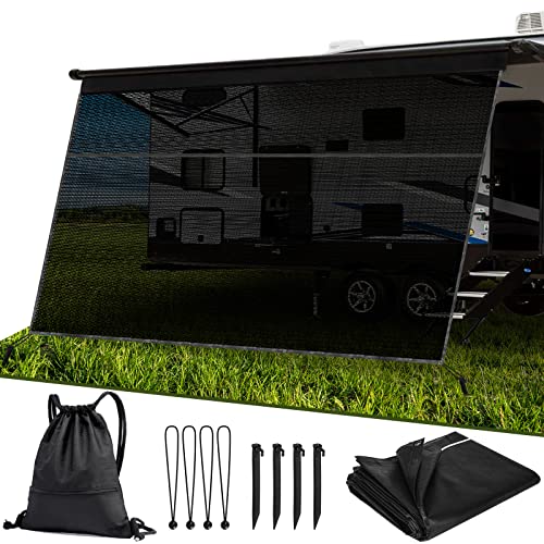 WELLUCK RV Awning Sun Shade Screen with Zipper, 9’X15′ Black Mesh Camper Sunshade RV Awning Accessories, UV Blocker Privacy Screen Complete Kit for Motorhome Camper Travel Trailer Canopy