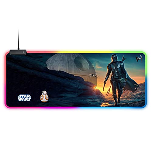 Star Wars Mandalorian Yoda Blue Death Star RGB Soft Gaming Mouse Pad Large Oversized Glowing Led Extended Mousepad Non-Slip Rubber Base Computer Keyboard Pad Mat