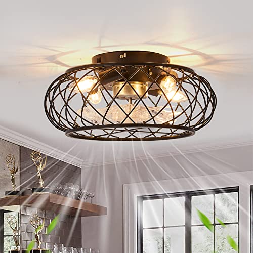 Caged Ceiling Fan with Lights Remote Control, Modern Indoor Flush Mount Ceiling Fan with Light, Small Black Bladeless Ceiling Fan for Kitchen, Bedroom, Living Room, Dining Room(Black, 17INCH)