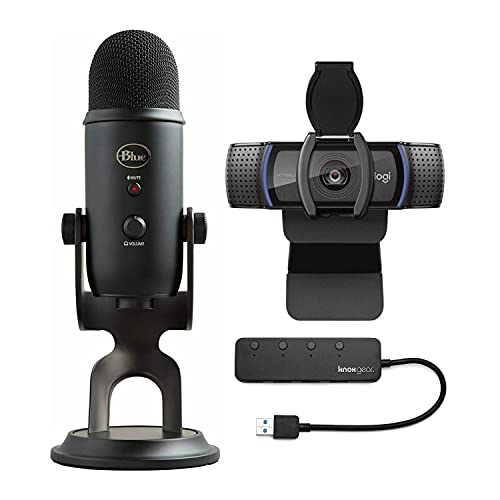 Blue Microphones Yeti USB Microphone Blackout Bundle with Logitech C920S Pro HD Webcam and Knox Gear 4-Port USB Hub (3 Items)
