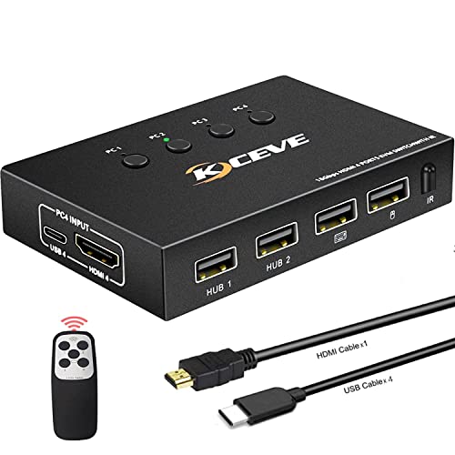 KVM Switch HDMI 4 Port Box 4K@60Hz,MLEEDA USB and HDMI Switch for 4 Computers Share Keyboard Mouse Printer and one HD Monitor,No Power Required,with Remote Control and 5 Cables