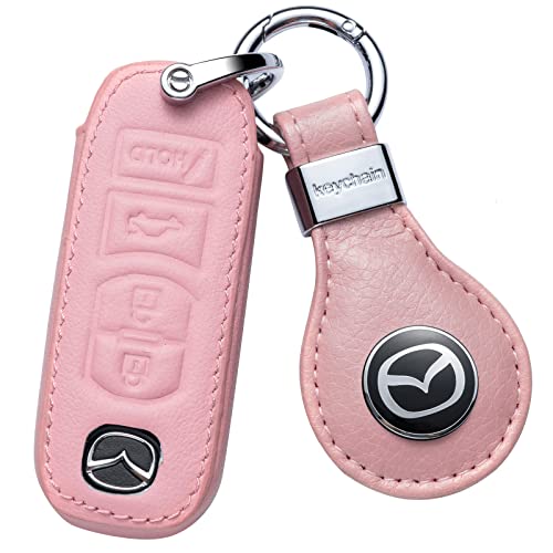 Car Key fob Cover Key case for Mazda Genuine Leather Protector Keychain 3 6 8 Miata MX-5 CX-3 CX-5 CX-7 CX-9 Smart Remote 4-Buttons, Premium Key fob Cover