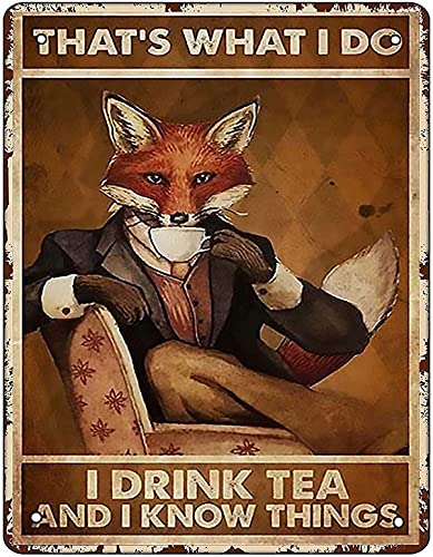Retro Metal Tin Sign Vintage Fox Drink Tea Aluminum Sign for Home Coffee Wall Decor 12×18 Inch