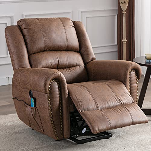ANJ Large Power Lift Recliner Chairs with Massage and Heat Breathable Faux Leather Electric Lift Chairs for Elderly, Heavy Duty Big Man Recliners Power Reclining Chair with USB Port (Nut Brown)