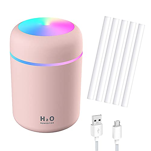 WeqeYent 300ml Mini Portable Cool Mist Humidifier with 5 Pieces Filter Sticks, USB Personal Desktop Humidifier for Car, Office, Indoor, Bedroom, Travel etc, 7-Color Night Light, 2 Spray Modes (Pink)