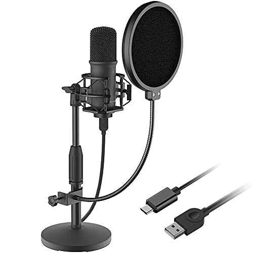 LESYAFEL USB Condenser Microphone Recording Kit with Desktop Stand and Pop Filter 192kHZ/24bit for YouTube,Podcast,Gaming,Studio Plug & Play for Laptop Mac/Windows and Type-C Mobile Phone Space Grey
