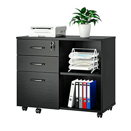 Panana Wood File Cabinet, 3 Drawer Mobile Lateral Filing Cabinet on Wheels, Printer Stand with Open Storage Shelves for Home Office (Black)