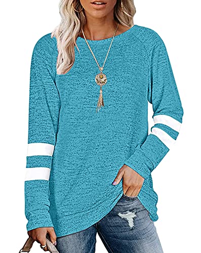 Sweatshirts for Women Color Block Striped Long Sleeve Shirts Crewneck Casual Loose Pullover Tops Soft Tunic Cyan