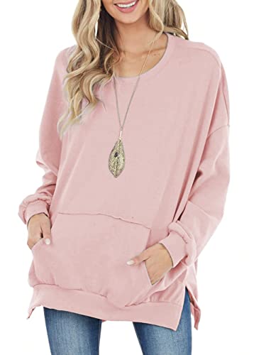 Famulily Ladies Winter Warm Sweatshirt with Side Slits Causal Office Tops Over-sized Loose Fitted Outwear with Pockets Pink M