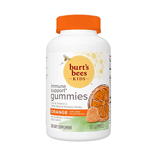 Burt’s Bees Kids Immune Support Gummies: Vitamin C and Zinc, Natural Manuka Honey, Orange Flavor, 50 Count