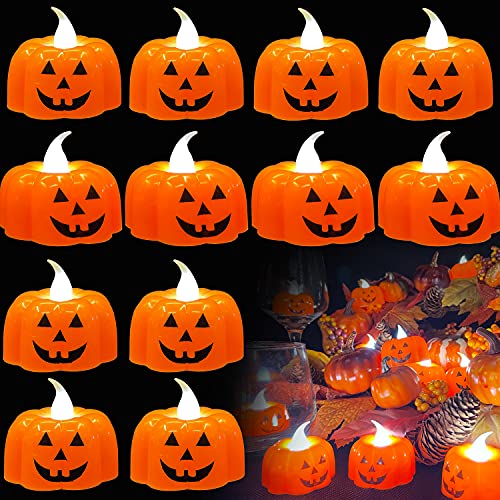 GETTERB 12 Pack Pumpkin Flameless Tealights LED Realistic Pumpkin Flickering Flameless Candles with Ghost Face Fall Halloween Thanksgivings Harvest Fireplace Home Themed Party Decorations