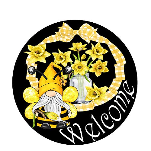 Round Metal Tin Sign Rustic Wall Decor Wall Plaque Welcome bee with Daffodils Sign, Bumblebee,Suitable for Home Garden Kitchen Bar Cafe Restaurant Garage Wall Decor Retro Vintage 12×12 Inch