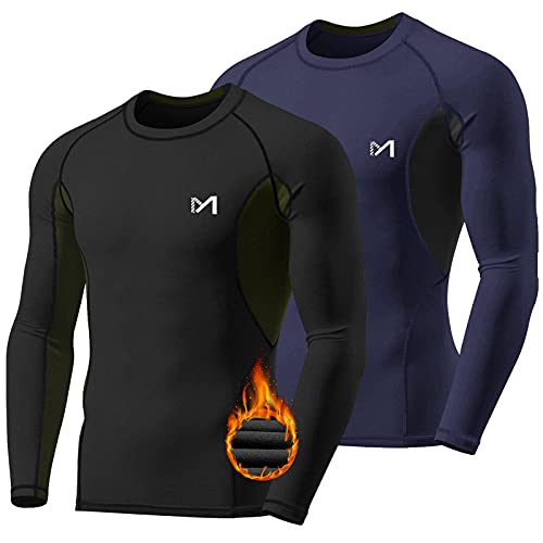 MEETYOO Men’s Thermal Compression Shirt, Winter Warm Long Sleeve Underwear Top, Sport Fitness Base Layer (Black+blue, X-Large)