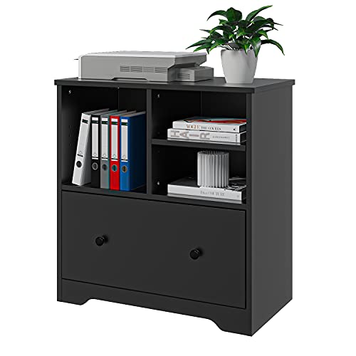 Wood File Cabinet with a Big Drawer, Mobile Lateral Filing Cabinet for Home Office Storage Cabinet Organizer (Black)