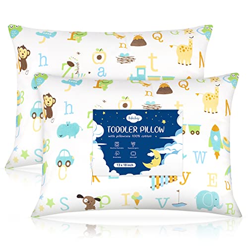Toddler Pillow,13 x 18 Baby Pillows for Sleeping, Machine Washable Kids Pillow with Soft Cotton Pillowcase, Perfect for Travel, Toddlers Cot (Animal Letters)