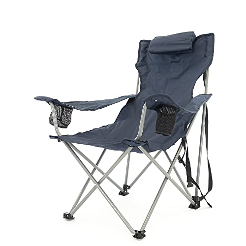 Creative Outdoor Luxurious Folding Chair with Headrest – Durable Water Bottle Holder – Padded Headrest – Top Tier Comfort – Storage Bag Included – Compact Design (Navy)