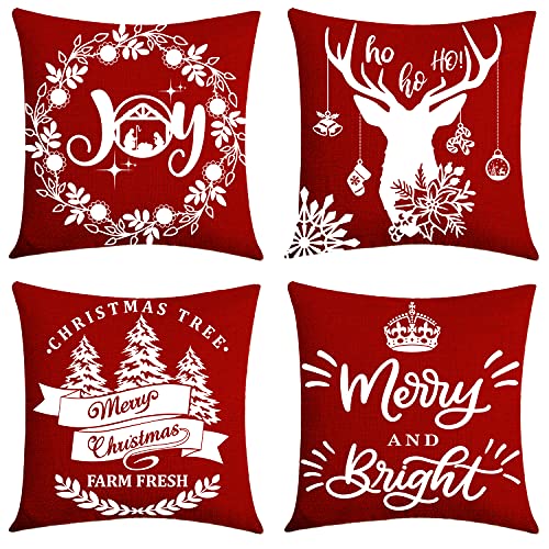 Merry Christmas Set of 4 Pillow Covers,18×18 Reindeer Christmas Trees Rustic Linen Throw Pillow Covers for Couch Sofa Bedroom Car Seating Room Gazebo Chair