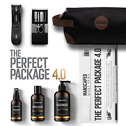 MANSCAPED® Perfect Package 4.0 Kit Contains: The Lawn Mower™ 4.0 Electric Trimmer, Ball Deodorant, Body Wash, Performance Spray-on-Body Toner, Four Piece Luxury Nail Kit, Toiletry Bag, 3 Shaving Mats