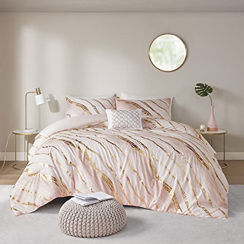 Comfort Spaces Nero Metallic Comforter Fun Print for Girls Bedroom Modern Bedding Set, All Season Cover, Matching Sham, Full/Queen(90″x90″), Abstract Marble Blush 4 Piece