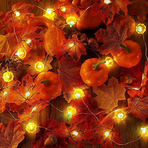 Fall Thanksgiving Decorations, 10 Feet Pumpkin Maple Leaf Garland String Lights with 30 LEDs Thanksgiving Lighted Garland for Indoor Home Fireplace Mantel, Battery Operated Autumn Holiday Decor