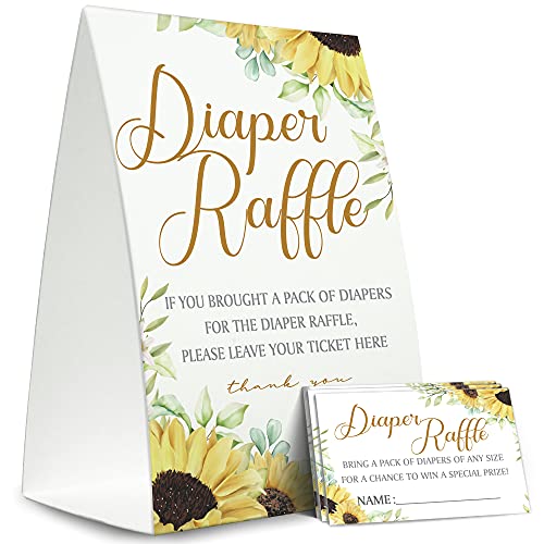 Sunflower Diaper Raffle Sign,Diaper Raffle Baby Shower Game Kit (1 Standing Sign + 50 Guessing Cards),Sunflower Raffle Insert Ticket,Baby Showers Decorations,Card for Baby Shower Game to Bring a Pack of Diapers-N08