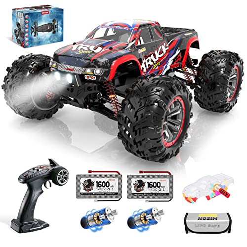 Hosim 1:10 Large Size 48+ KMH 4WD High Speed RC Monster Trucks,Hobby Grade RC Cars for Adults Boys Remote Control Vehicle 2 Batteries for 40+ Min Play Gift for Kids(Red)