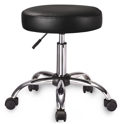 IMUsee Rolling Stool Swivel Salon Shop Stool Chair Adjustable Drafting Stool Massage Spa Stool with PU Leather Cushioned in Black