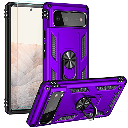 Androgate Designed for Google Pixel 6 Case with HD Screen Protectors, Military-Grade Metal Ring Holder Kickstand 15ft Drop Tested Shockproof Cover Case for Pixel 6 Purple