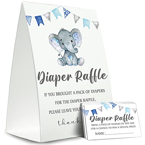 Diaper Raffle Sign,Diaper Raffle Baby Shower Game Kit (1 Standing Sign + 50 Guessing Cards),Elephant Bunting Raffle Insert Ticket,Baby Showers Decorations-N05