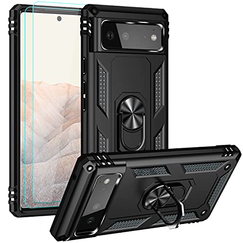 Androgate Designed for Google Pixel 6 Case with HD Screen Protectors, Military-Grade Metal Ring Holder Kickstand 15ft Drop Tested Shockproof Cover Case for Pixel 6 Black