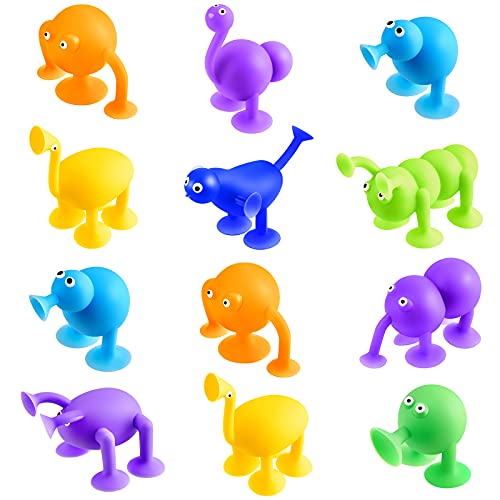 Zhanmai 12 Pieces Silicone Suction Toys Stress Toys Set Building Blocks Suction Toy Animal Shape Sucker Toys Multi Color for Stress Release, Family Parent Interactive Game Bath