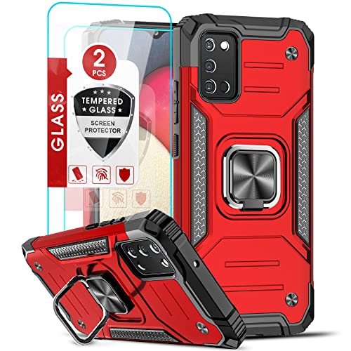 LeYi Compatible with Samsung Galaxy A02S Case, Galaxy A02S Case with Tempered Glass Screen Protector [2Pcs], Shockproof [Military-Grade] Phone Cover Case with Ring Kickstand for Samsung A02S, Red
