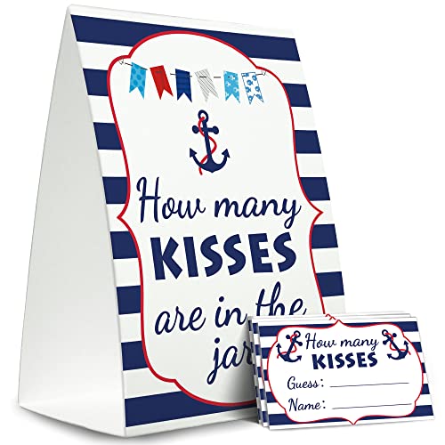 Nautical Baby Shower Game Kit(1 Standing Sign + 50 Guessing Cards) Guess How Many Kisses Baby Shower Game, Baby Shower Game for Boy – H02