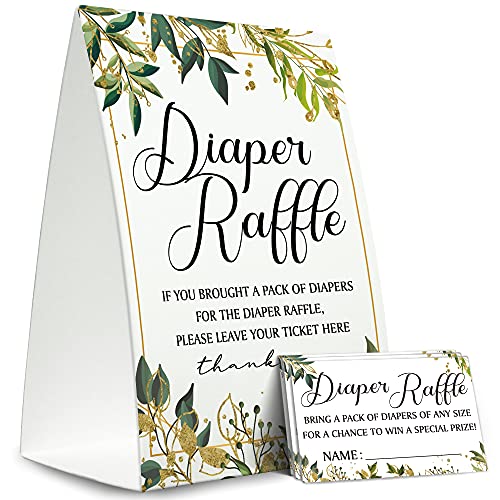 Diaper Raffle Sign,Diaper Raffle Baby Shower Game Kit (1 Standing Sign + 50 Guessing Cards),Greenery Raffle Insert Ticket,Baby Showers Decorations-N01
