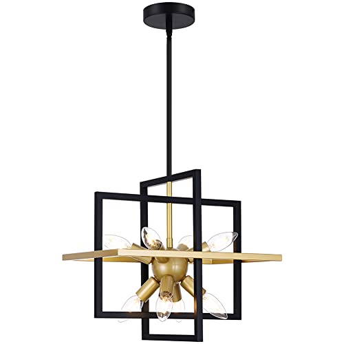 Yasince Small Metal Lantern Chandeliers, 8-Light Modern Geometric Pendant Light Fixture, Industrial Black and Champagne Gold Hanging Chandelier for Living Room Kitchen Island Foyer Hallway Farmhouse