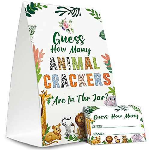 Woodland Animals Baby Shower Guess How Many Animal Crackers Game Sign,Woodland Baby Shower Kit (1 Standing Sign + 50 Guessing Cards) Greenery，Jungle Baby Shower Sign-H01