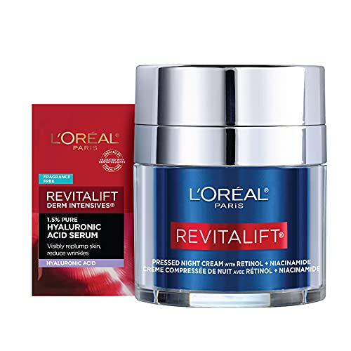 L’Oreal Paris Revitalift Pressed Night Cream with Retinol, Niacinamide, Visibly Reduce Wrinkles, Hydrate for Face, Under Eye, Neck, Chest, Dermatologist tested + Hyaluronic Acid Serum Sample