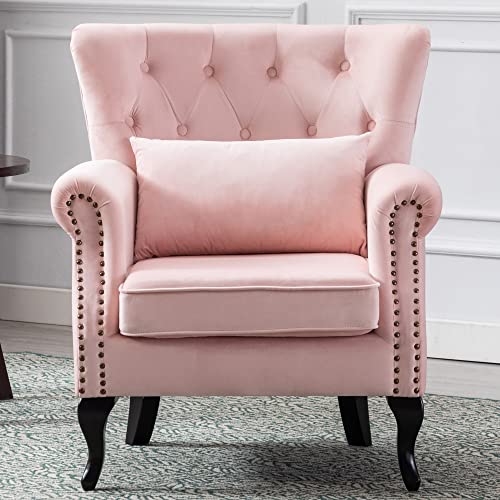 Janoray Mid Century Modern Accent Chair Upholstered Armchair Comfy Velvet Fabric Single Sofa with Tufted Wingback for Small Spaces Bedroom Living Room, Pink, B- Pink