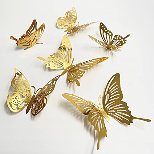 72Pcs 3D Butterfly Wall Stickers,3 Sizes Butterfly Wall Decor,Removable Wall Decals Room Decoration for Bedroom Nursery Classroom Party Wedding Cake Decor( Gold)