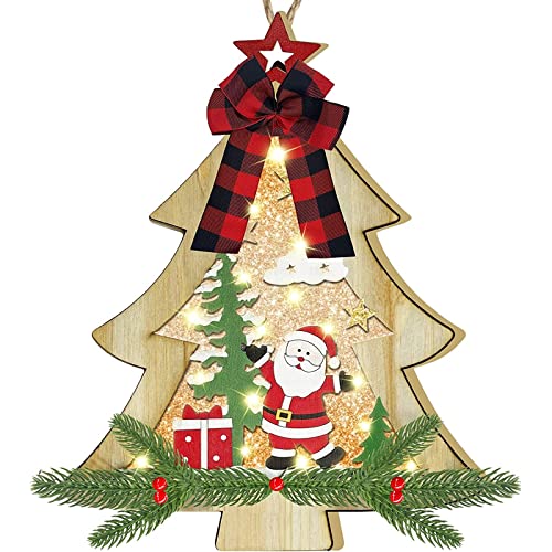 [ Lighted & Timer ] Christmas Tree Wreath Door Sign Decoration Lights Battery Operated Wooden 16 Inch Hanging Sign Front Door Porch Holiday Xmas Home Window Wall Indoor Outdoor Christmas Decoration