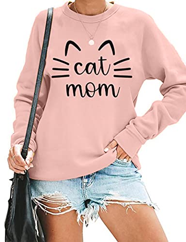 Cat Mom Sweatshirt Women Cat Mama Shirt Cute Cat Long Sleeve Letter Print Tshirt Tops Pink