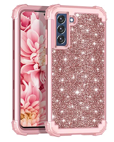 LONTECT for Galaxy S21 FE 5G Case [Not fit S21 5G] Glitter Sparkle Bling 3 in 1 Heavy Duty Hybrid Sturdy High Impact Shockproof Cover Case for Samsung Galaxy S21 FE 5G 2022, Shiny Rose Gold