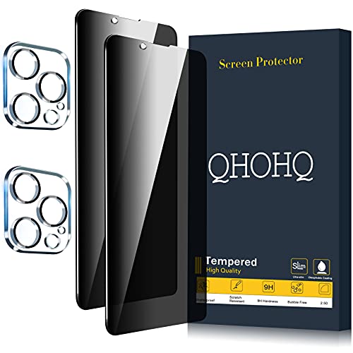 QHOHQ 2 Pack Privacy Screen Protector for iPhone 13 Pro Max 6.7″ with 2 Packs Camera Lens Protector, Full Screen Tempered Glass Film,9H Hardness Anti-Scratch, Anti Spy, Easy to install – Case Friendly