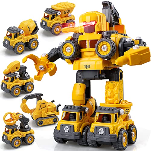 TOY Life Toys for 3 4 5 6 7 Year Old Boys Construction Vehicles Transform Robots Toys for Kids 5 in 1 Robot Toys for Kids 5-7 Construction Toys for Boy Vehicle Transformer Cars Best Gifts for Boys