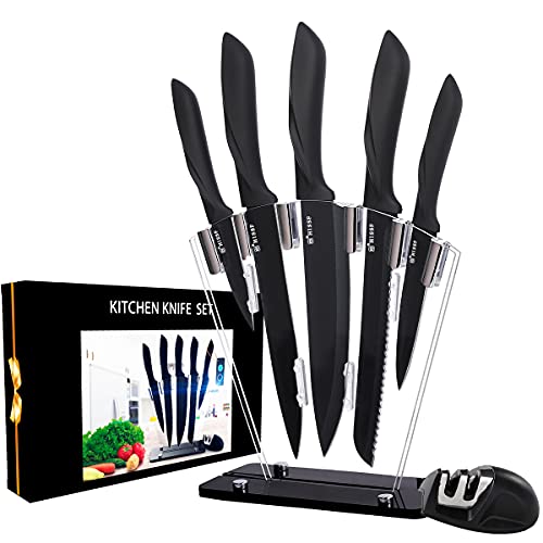 HISSF Chef Knife Set 7 Piece,Black High Carbon Stainless Steel Kitchen Knife Sets with Block Acrylic, Knife Block Set with Knife Sharpener Professional,Non Stick Coating for Rust Proof and Sharp
