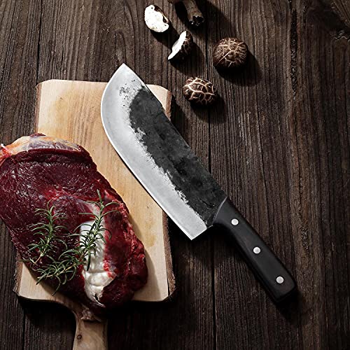 OYEZI Butcher Knife Hand Forged serbian chefs Knife 7.5inch fiexd blade knife with sheath for Meat Cutting,hunting,Camping and BBQ