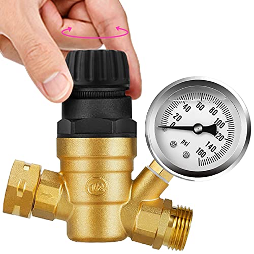 iTANSO Handle Adjustable RV Water Pressure Regulator Valve, Brass Lead-Free Reducer with Gauge 160PSI and 2 Inlet Screened Filters for RV Camper, Travel Trailer, or Garden