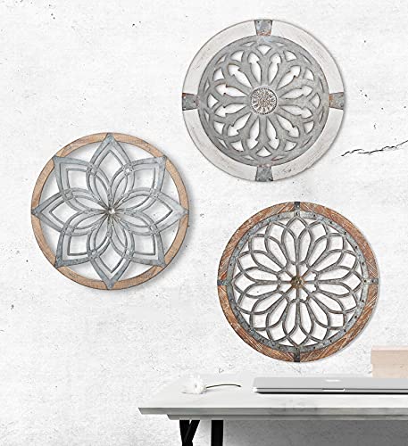 Heritage Round Wall Art Set of 3-Wall Art Flower of Life Metal Flower Circle Wall Decor Carved Hanging Ornament Handmade Sacred Geometry Art Decorations Clock Shaped Decor for Home Vintage Cafe Studio