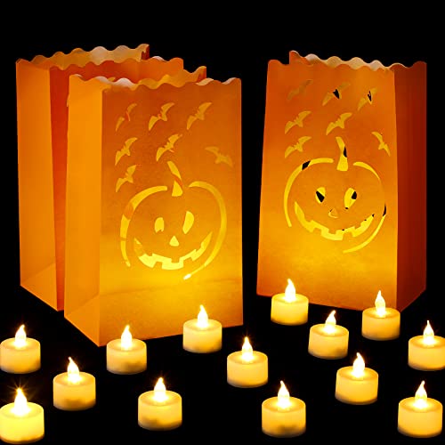 48 Pcs Halloween Luminary Bags with LED Light Candles Set 24 Pcs Flame Resistant Candle Bags 24 Pcs LED Tea Light Candles Pumpkin Ghost Luminary Bags for Halloween Birthday Wedding Party